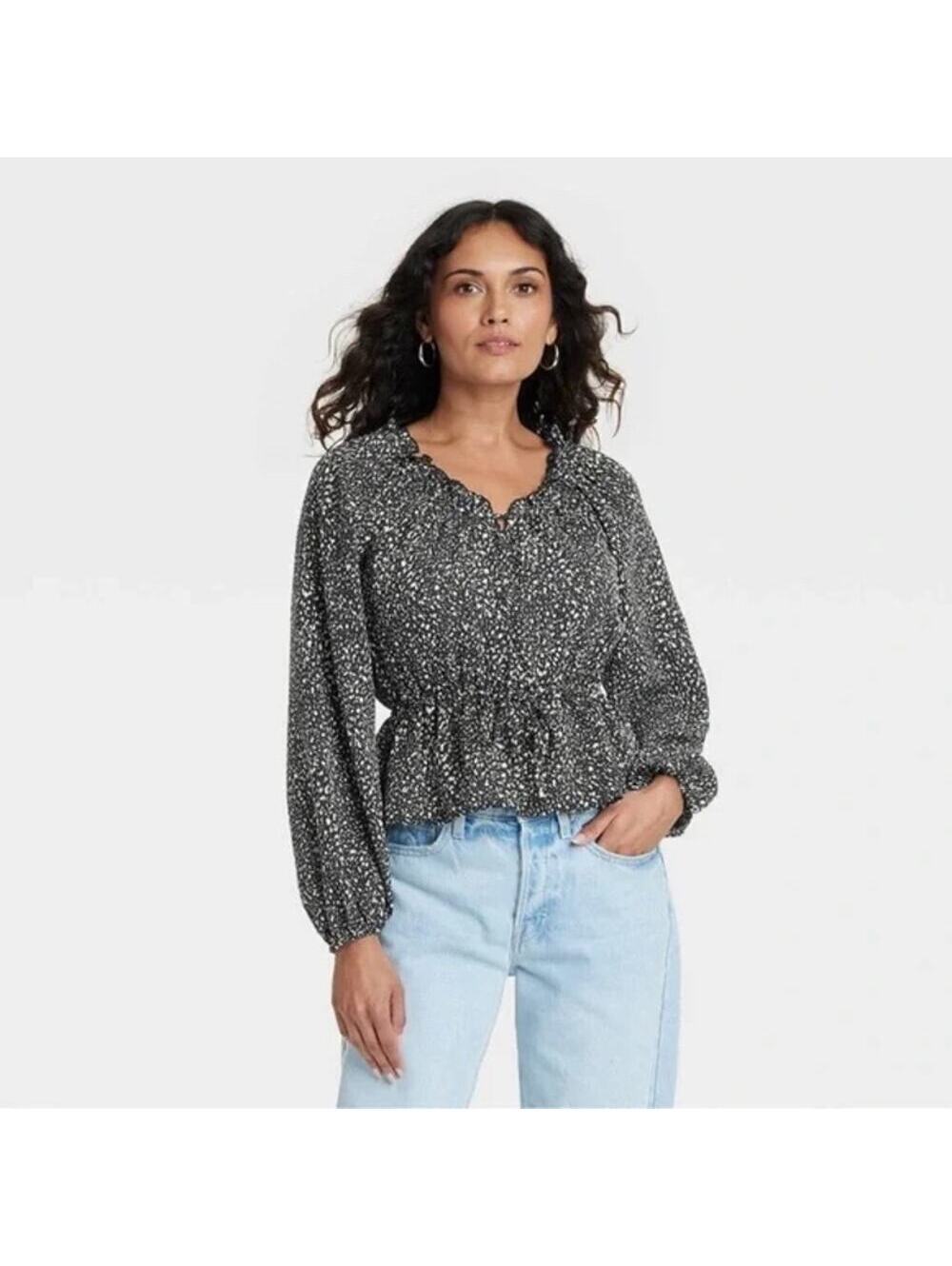 Universal Thread NWT Women's Smocked Peplum Black White Blouse Size XL